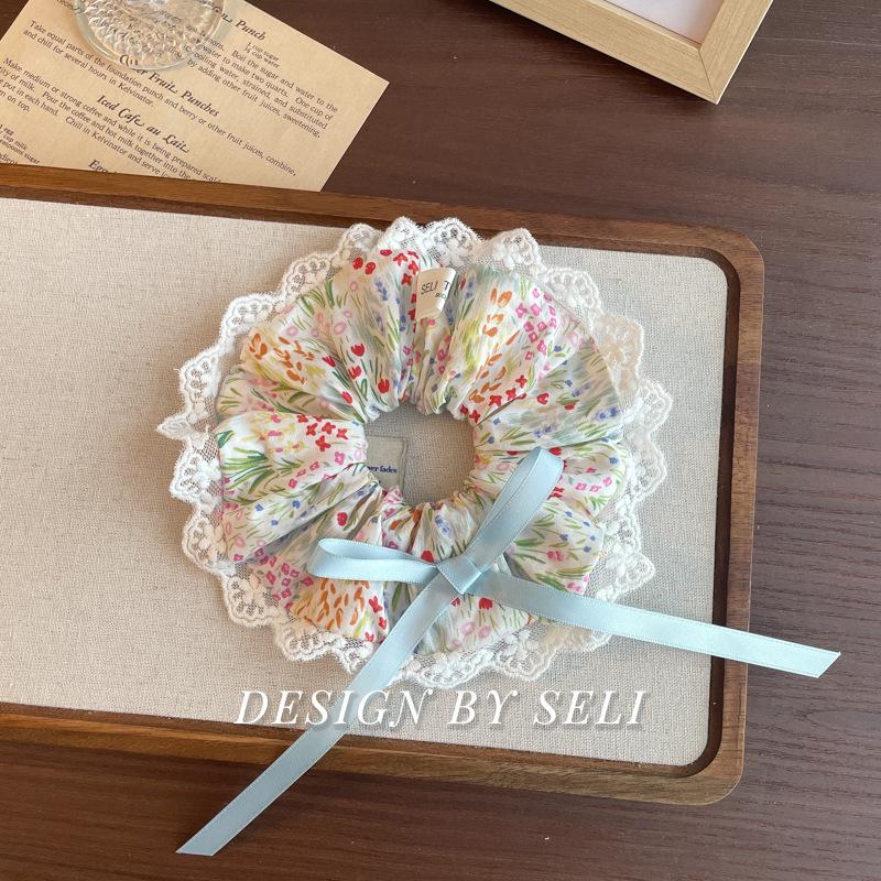 Spring Rose French Floral Lace Bow Scrunchie - Elegant Korean Style Hair Accessory