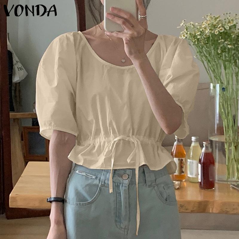 

VONDA женская летняя плиссированная блузка с круглым вырезом и короткими рукавами, завязка на талии, однотонная короткая блузка
