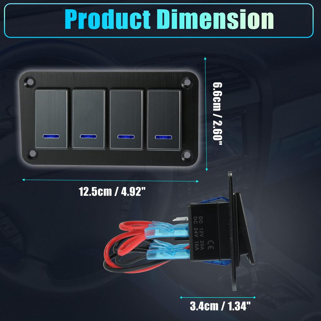 uxcell Rocker Switch Toggle Switch Waterproof Aluminum Blue LED Push for Black 4-Gang Panel, 5-Pin On/Off Pre-Wired Control, Alloy, Light, Button,