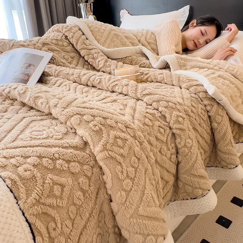 Nordic Double-Layer Thick Coral Fleece Blanket Keep Warm and Super Soft Sofa Nap Cover Queen King Quilt with Velvet for Winter