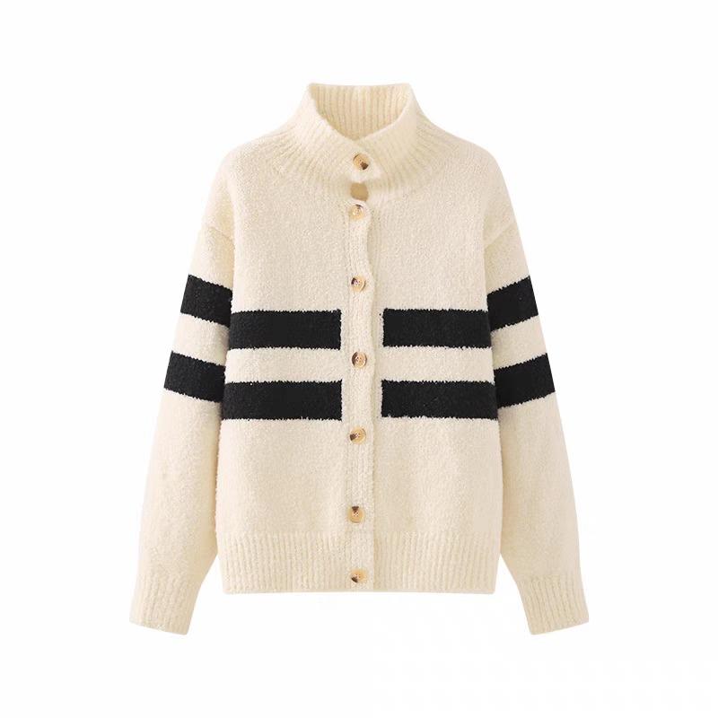 Fashion Turtleneck Striped Knitted Cardigan Women's Sweater Autumn and Winter Coat Loose Simple Casual Office Top Ladies Clothing