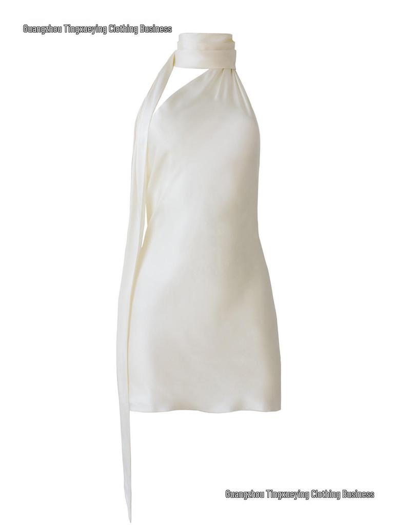 New Cross-Border Formal Dress: Women's Sexy Backless Short Skirt with Adjustable Halter Neck in Satin