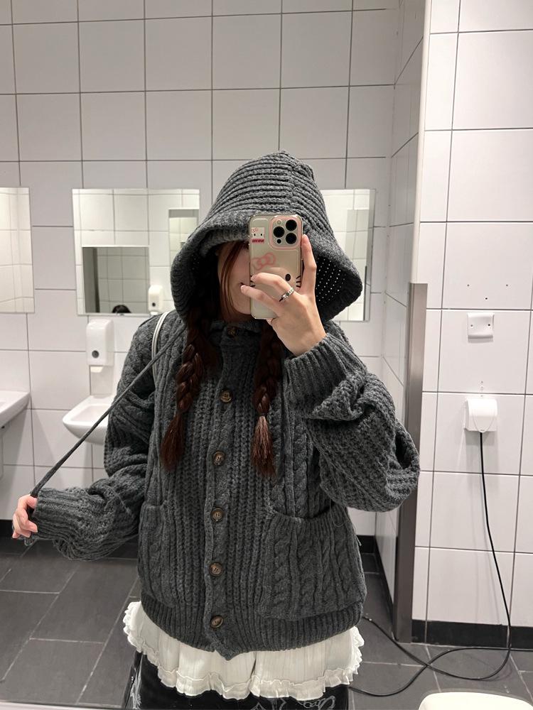 

Women s Retro Cable Knit Hoodie Cardigan - Autumn/Winter European & American Style, Loose & Thickened. One Size [80-130]