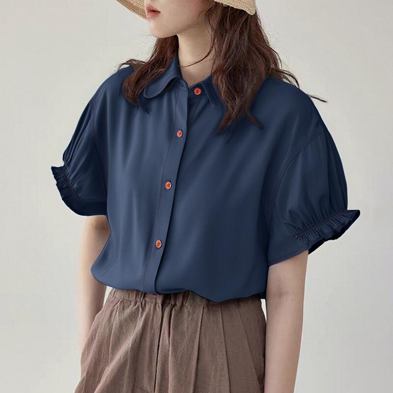 ZANZEA Womens Summer Puff Short Sleeve Casual Button Blouse
