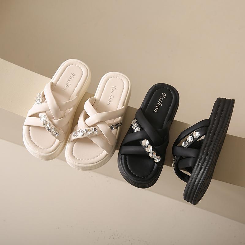 Thick-bottomed Heightening Beach Cool Slippers for Women's Outer Wear New Casual Fashion Rhinestone One-word Cool Slippers In Summer