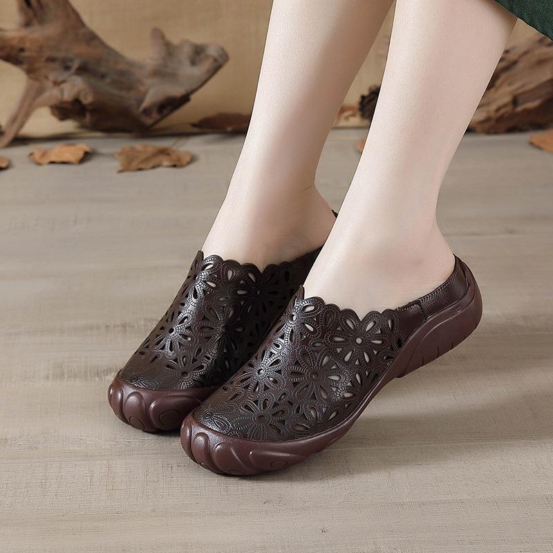 Summer new first-layer cowhide flat-bottom beef tendon sole women's shoes casual leather hollowed-out breathable slippers hole shoes