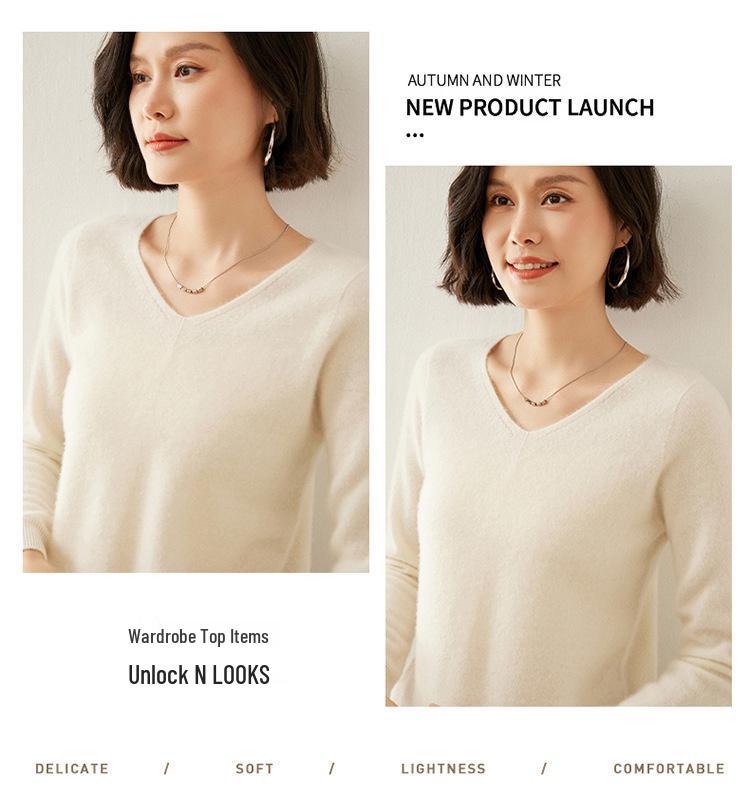 Women's V-Neck Cashmere Sweater - Slim Fit, Hollow Knit Pullover for Autumn/Winter