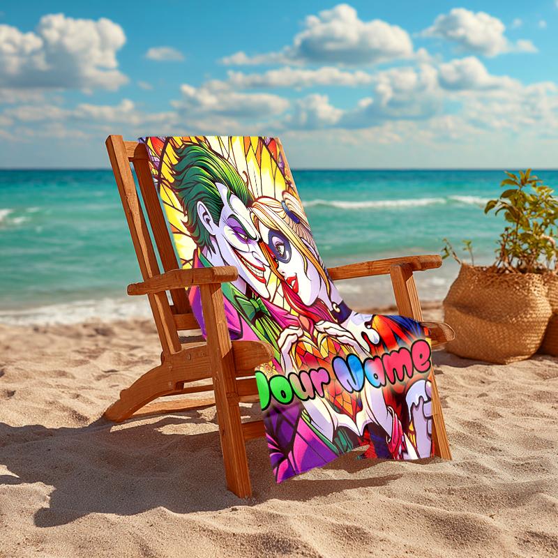 1PC Custom Name "Joker Harley's Love Story" Beach Towel Highly Absorbent And Sand-Resistant Towel for Swimming, Pool, Yoga, And Travel Lightweight