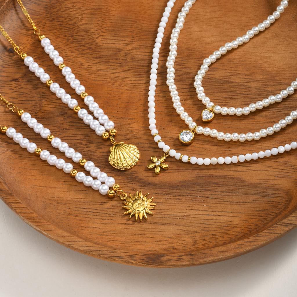 Pearl Beaded Pendant Necklace Stainless Steel 18K PVD Gold Plated Waterproof Tarnish Free Sun Shell Heart Zircon Choker Jewelry