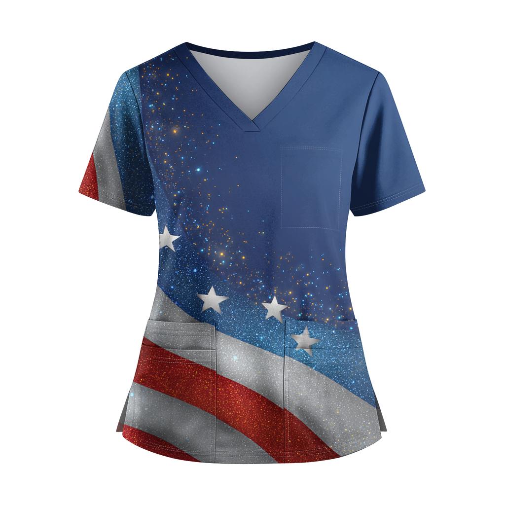 Women's Independence Day Print V-Neck Double Pocket Short Sleeve Uniform with Slit Hem - Caregiver Top