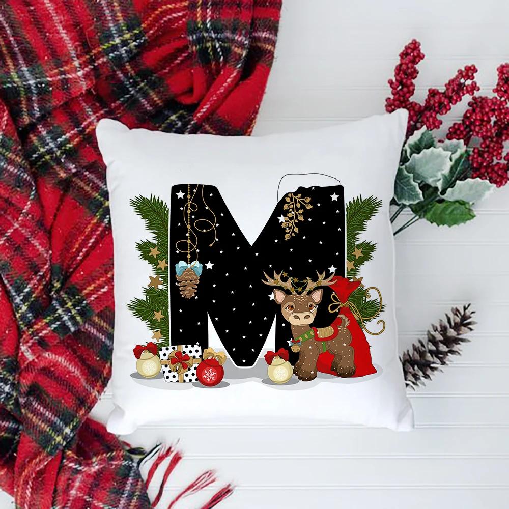 Christmas Cushion Cover Alphabet A-Z Pillow Covers Cute Cartoon Santa Claus Cushion Cover Pillowcases Home Xmas Decoration