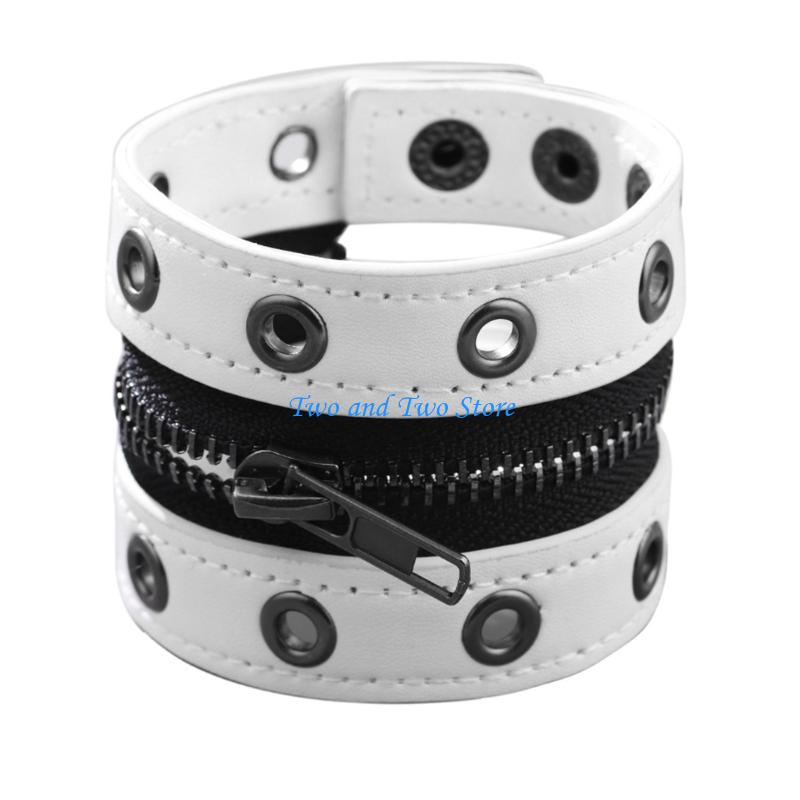HX6F Gothic Rivet Chain Bracelet Adjustable Closure Soft Faux Leather Unisex Accessory