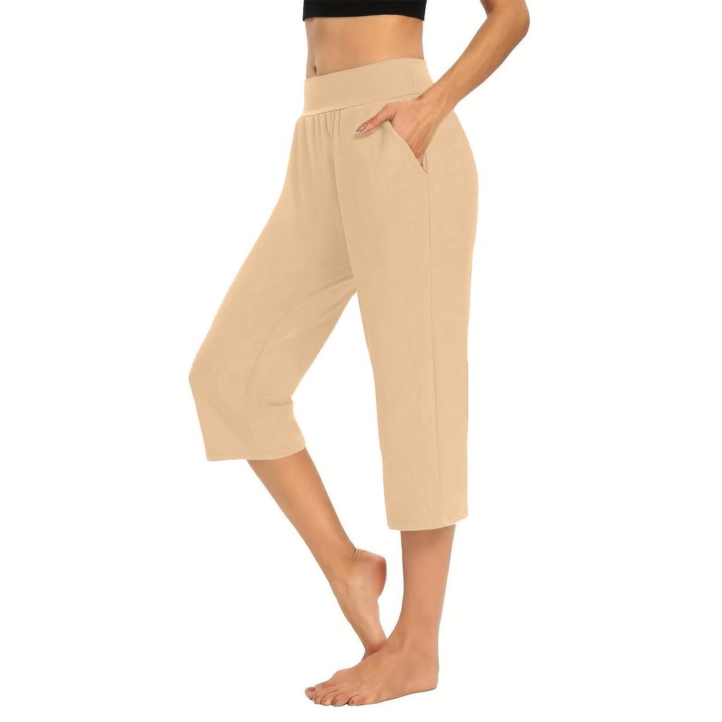 Women Elastic High Waist 3/4 Pant Casual Fit Wide Capris Leg Pants Trousers With Pockets