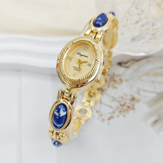 Ladies Vintage Bracelet Watch Retro Oval Dial Quartz Wristwatch Elegant Faux Gemstone Dress Watch for Office Date Party