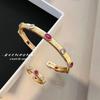 Women Jewelry Set Italian Buccellati Craft Red Corundum Bracelet Diamond Ring Narrow Gold Bangle
