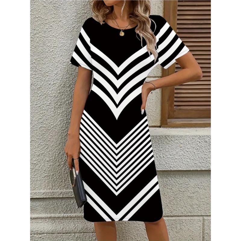 Women s Fashion Casual White Striped Print Short Sleeve Dress S