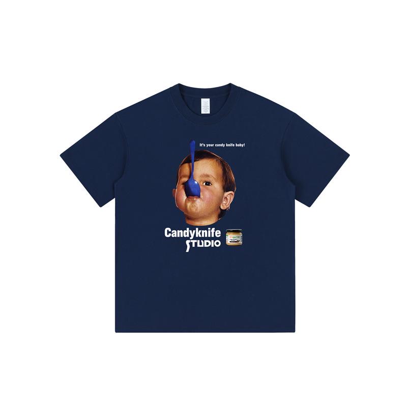 

Apricot Short Sleeve Vintage Plus Size Retro Portrait T-Shirt L темно-синього кольору