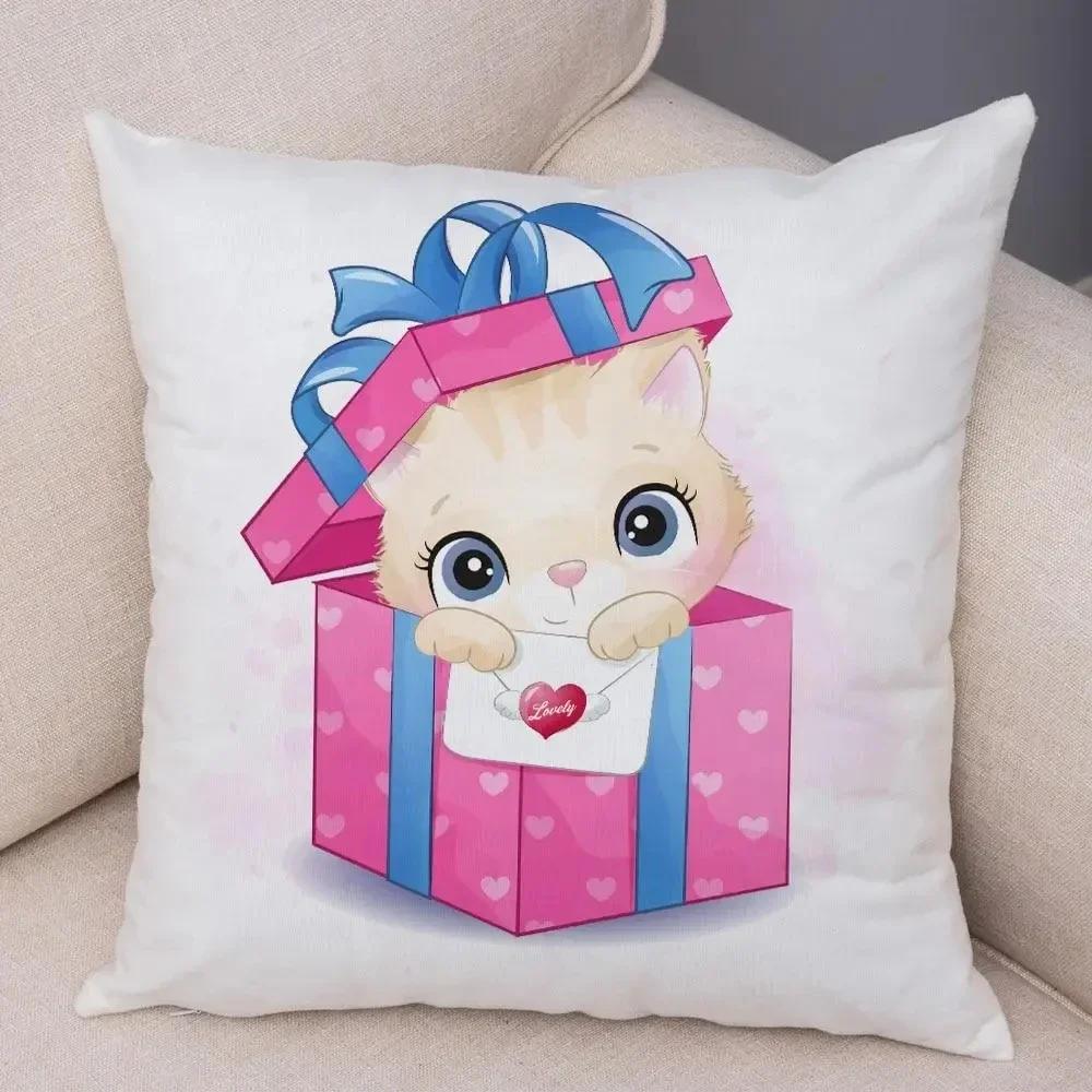 Cute Girl and Cat Pillowcase Decor Cartooncute Children Cushion Cover for Sofa Home Super Soft Peach Skin Pillow Case 45x45cm