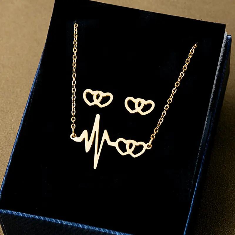 Mode Edelstahl Herzschlag Schmuckset Vergoldet EKG Herz Halskette Ohrringe Für Frauen Mädchen