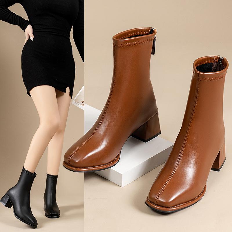 Foreign Trade Autumn and Winter New Square Head Thick Heel Short Boots Rear Zipper Versatile British Style Martin Boots Women's Thin High Heel Leather