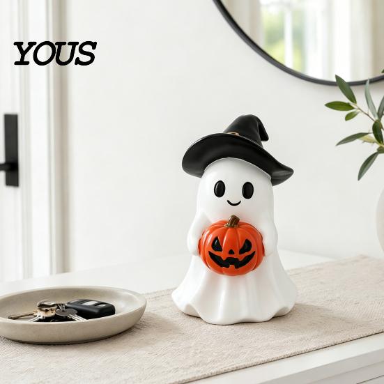 Halloween Ghost Figurine Figurine, Cute Resin Holding Pumpkin Whimsical Statue for Desk Tabletop Indoor Home Decor Healing Room Accessory