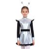 Girls Alien Costume Set Patchwork Metallic Dress Mock Neck Long Sleeve Built In Shorts Matching Hair Hoop