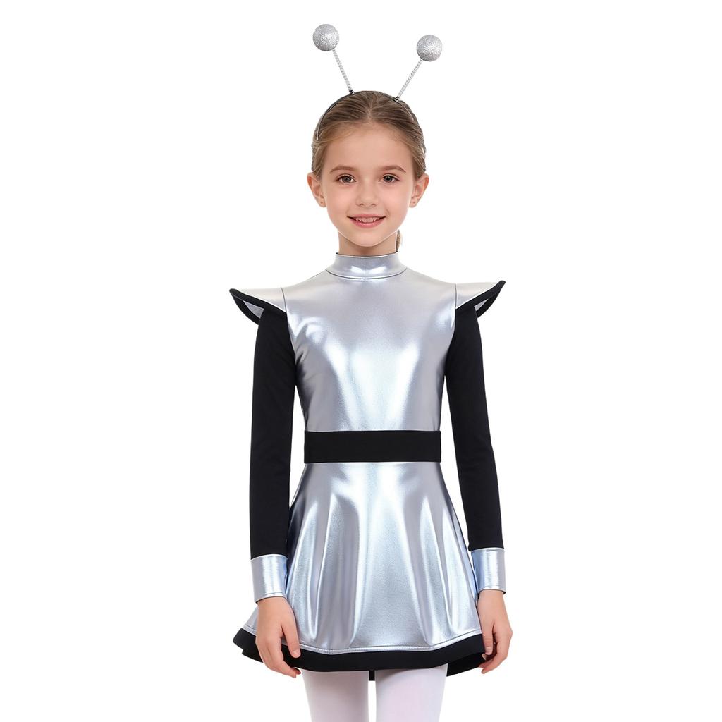 Girls Alien Costume Set Patchwork Metallic Dress Mock Neck Long Sleeve Built In Shorts Matching Hair Hoop