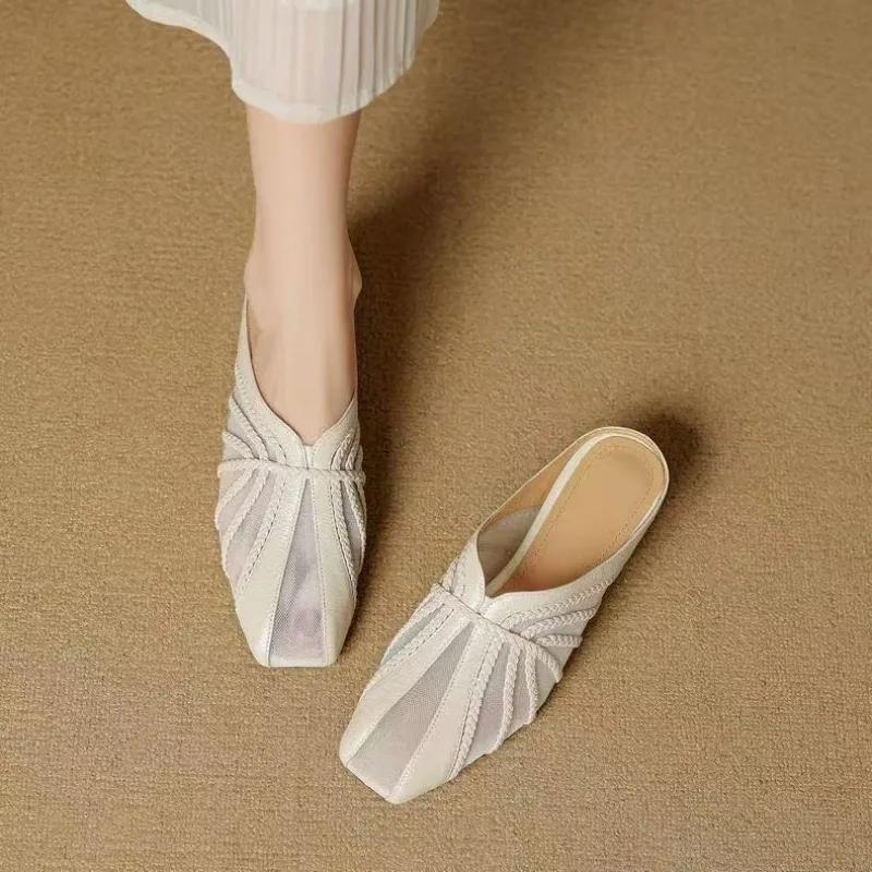 Fashion Mesh Hollow Splicing Baotou Half Slippers Women's 2025 New Summer Square Head Medium Heel Cool Wedge Heel
