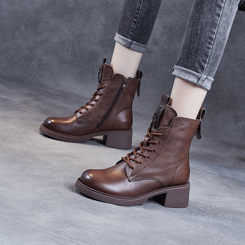 Johnature Genuine Leather British Style Thick Soled Short Boots Soft Cowhide Thick Heel Women's Boots