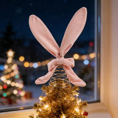 Easter Ornament Soft Pink Velvet Rabbit Ears Tree Topper with Spring Support Flexible Swinging Decoration Party Table Easter Decoration