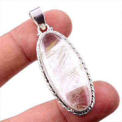 Natural Golden Rutile Gemstone 925 Solid Sterling Silver Jewelry Pendant 2" D2t99