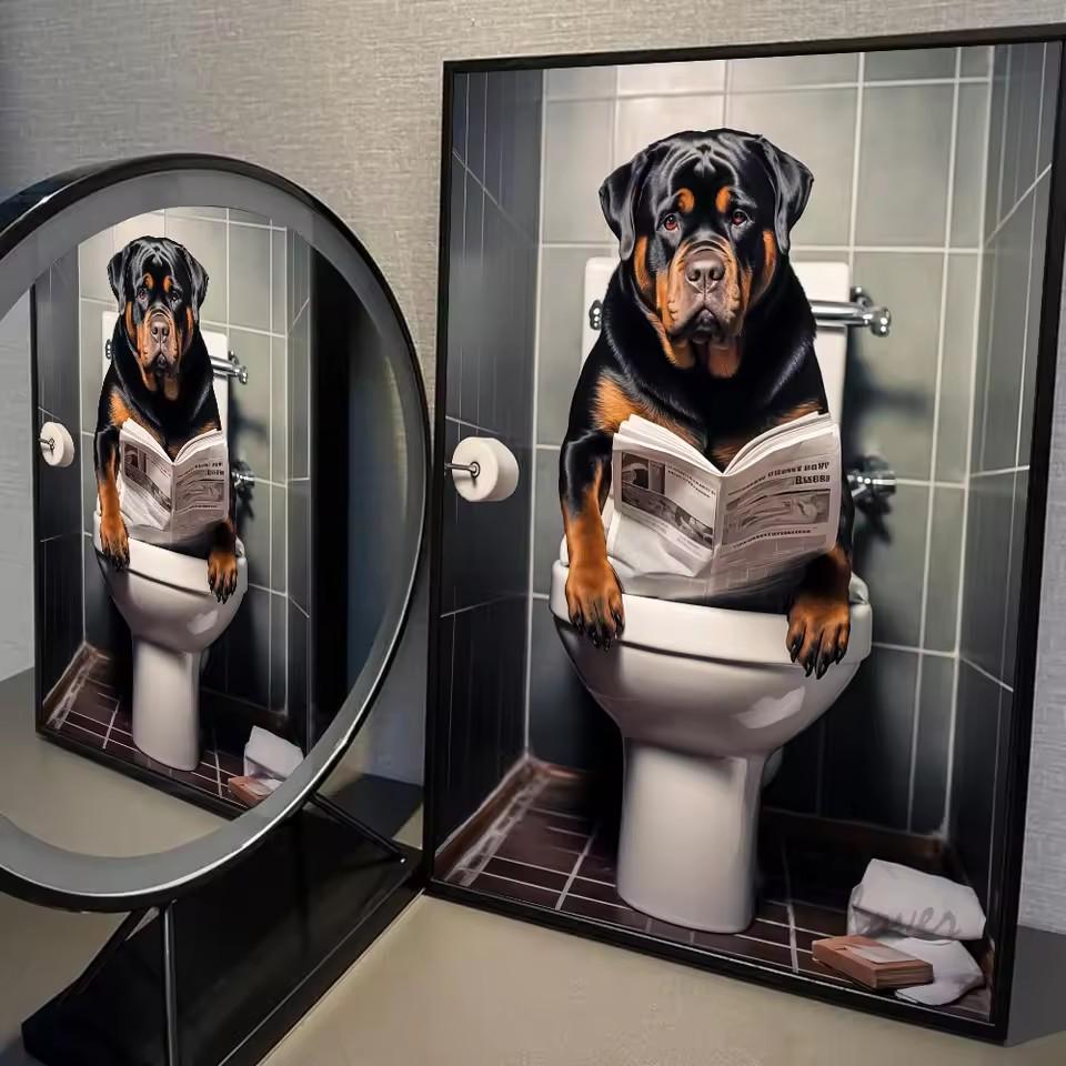 Canvas Print Wall Art for Pet Lovers,for Home Decor Bedroom,Kitchen,Living Room,Bathroom, Hotel 1pc Playful Dachshund On Toilet