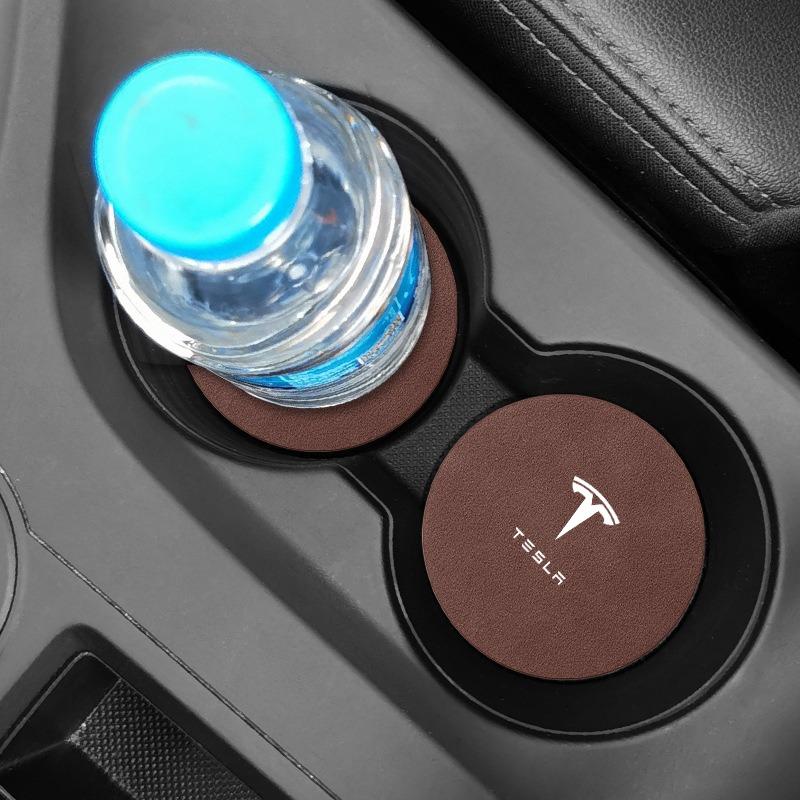 Leather Car Water Coaster Non-Slip Mat Car Bottle Holder Insert Pad For Tesla Model S Model X Model Y Cybertruck Model 3 Model Y