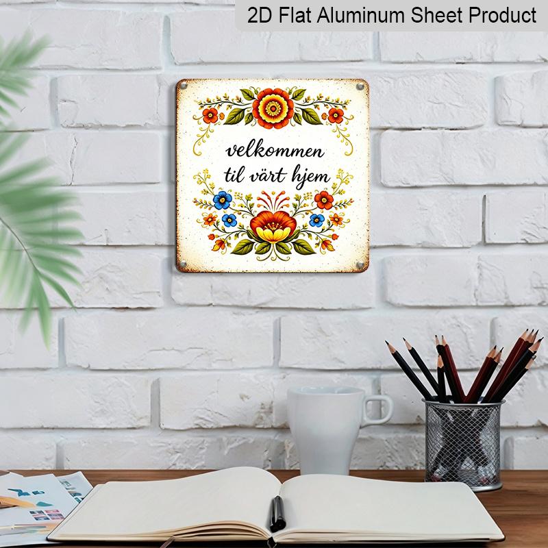 2D Flat, 1pc Scandinavian Folk Art Aluminum Welcome Sign - Retro Nordic Wall-Mounted Floral & Suitable for Entrance, Porch, Garden - Seasonal Holiday