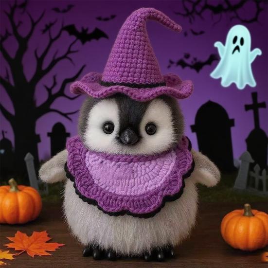 Halloween Penguin Doll 10" Penguin Plush Doll Toy with Knitted Witch Hat Small Stuffed Animal Desktop Decoration Gifts for Kids Boys Girls