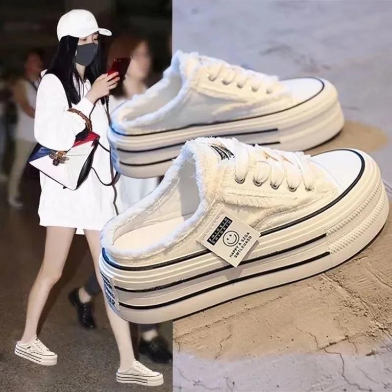 Women's Canvas Half Slippers Breathable Casual Sneakers for Women Platform Vulcanize Shoes Comfort Slip on Loafers  Mujer