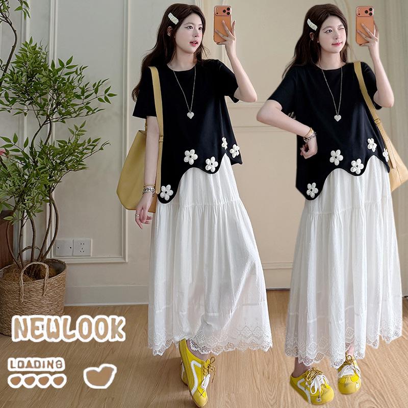 2026 Summer Cotton Maternity Set: Versatile Irregular Floral T-shirt + Skirt XL