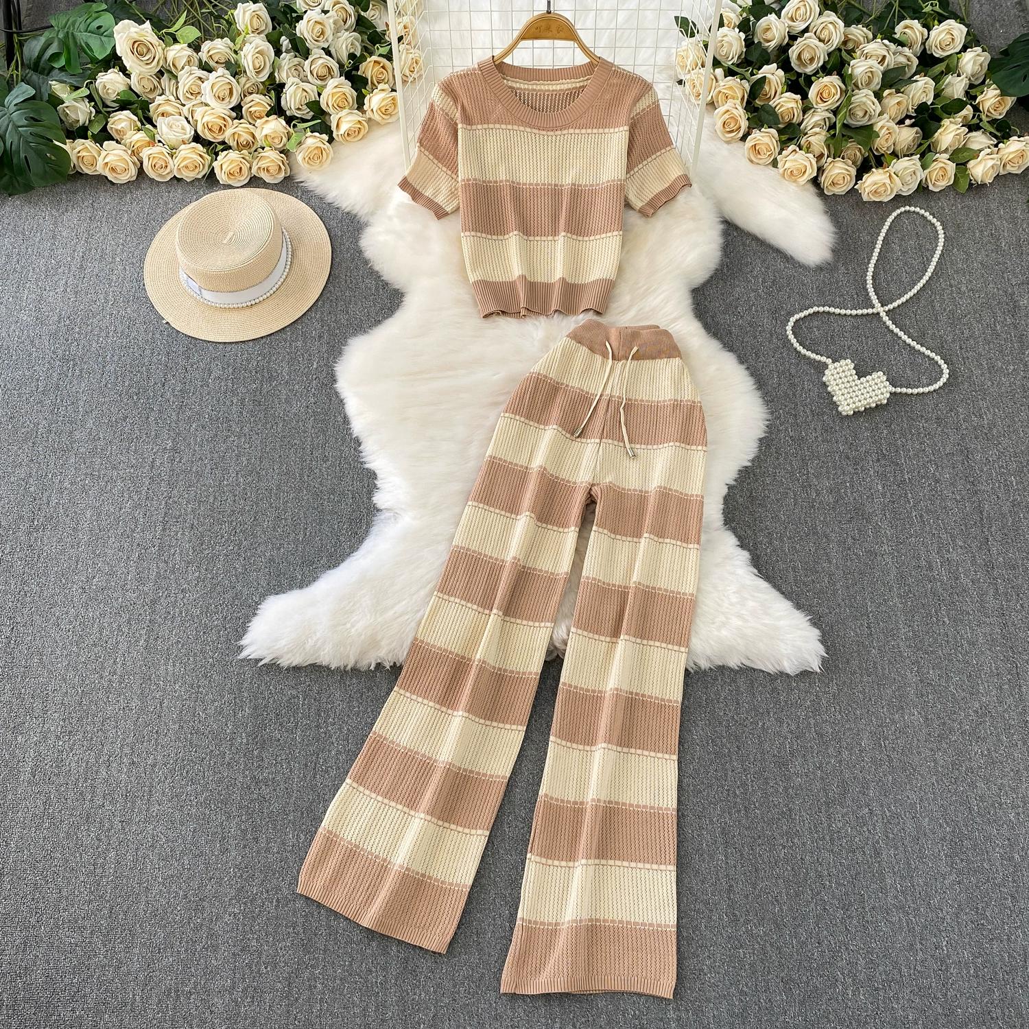 

Летний женский шикарный полосатый вязаный свитер и брюки, комплект из двух предметов, пуловер с коротким рукавом и костюм с широкими брюками one size