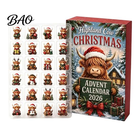 Daily Window Opening Gift 2026 Highland Cow Christmas Advent Calendar, 24-Day Acrylic Countdown Ornament Set with Travel Companion Play Mini Figures,