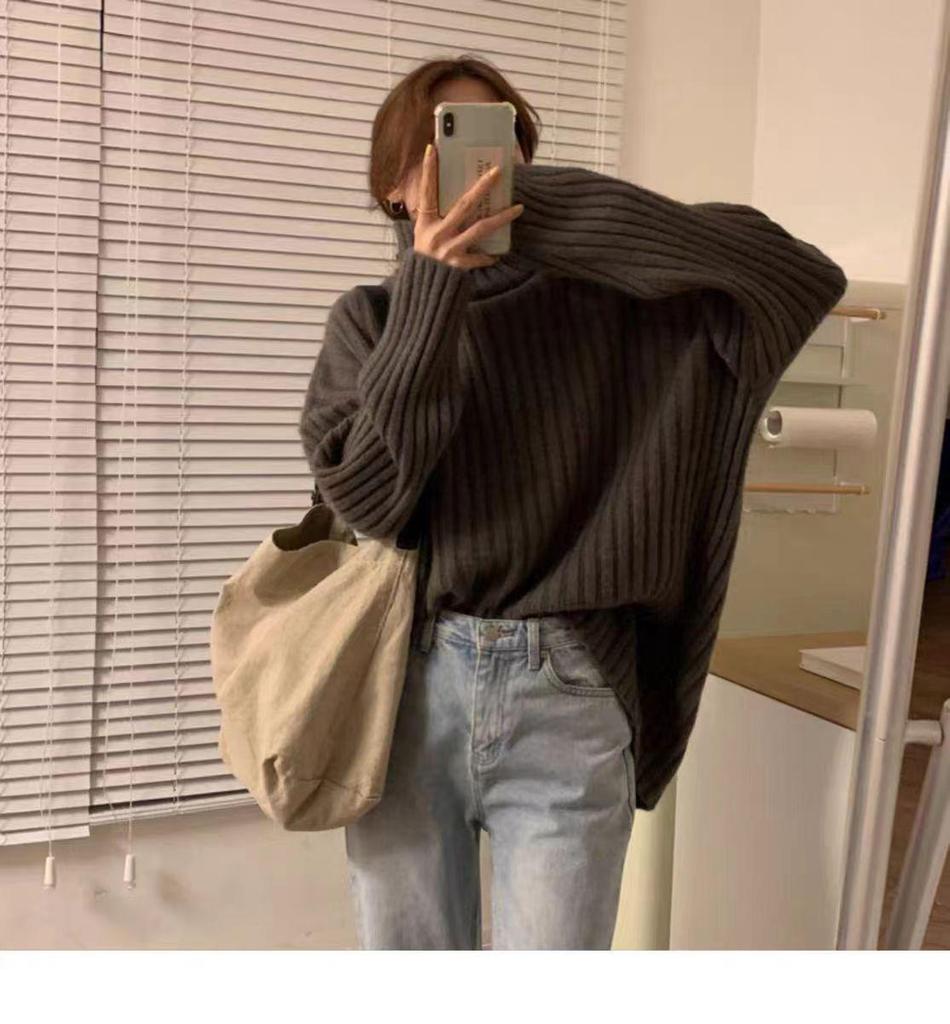 Women's Thick Ribbed Wool Turtleneck Sweater - Loose, Versatile Knit Top