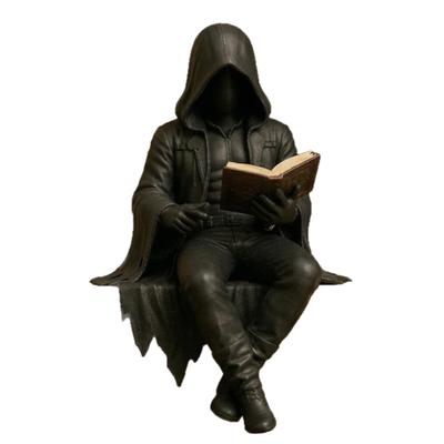 Robe Man Reading Statue Gothic Mystery Reading Figurine Fantasy Black Robe Sitting Sculpture for Halloween Bookshelf Desk Decor