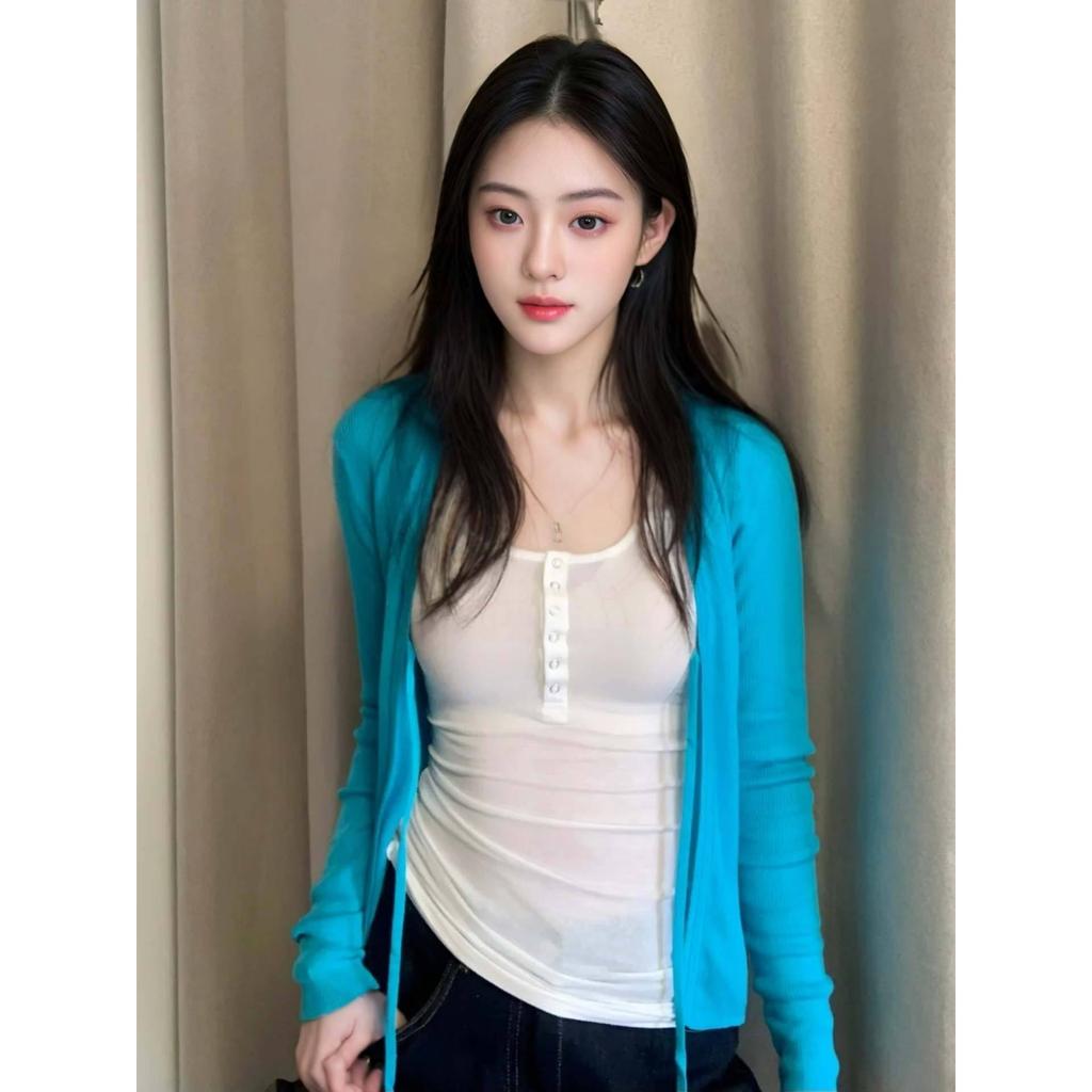 Korean version v-neck front shoulder slim-fitting pinched waist top lace-up knitted cardigan summer sun protection long-sleeved air-conditioning shirt