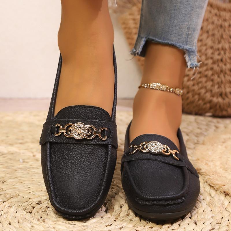 Large size Doudou shoes women's autumn new round head shallow mouth rhinestone chain flat bottom casual shoes