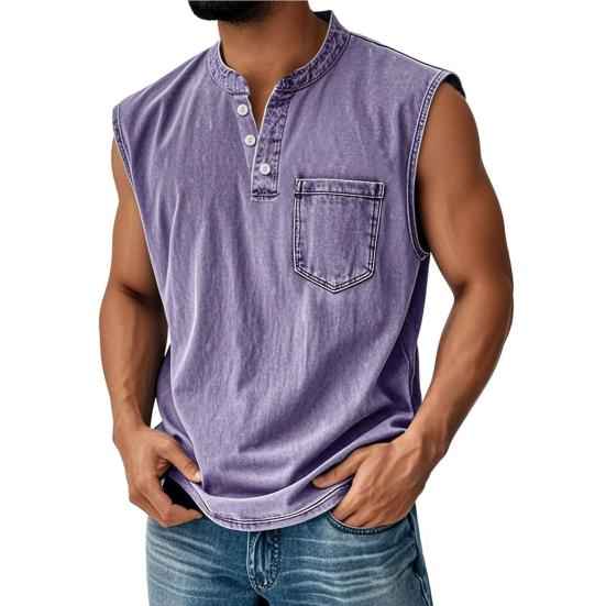 Men's Sleeveless Shirts, V Neck Breathable Shirts, Casual Summer Lightweight Pocket Top, Button Up Solid Color Stretchable Top for Summer