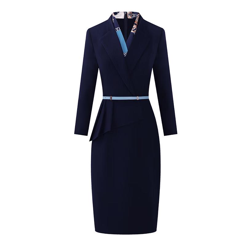 

Elegant Professional Lapel Dress with Ruffle Trim S
