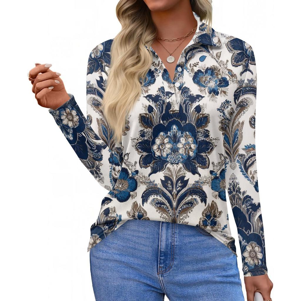 Damenmode Casual Revers Kurze Langarm Print Shirt Damen Button Up Tops