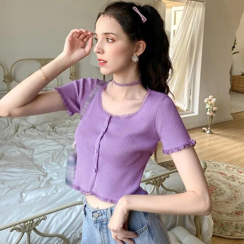 Women's O-neck Button Short Exposed Navel Knitted Short-sleeved T-shirt Cardigan