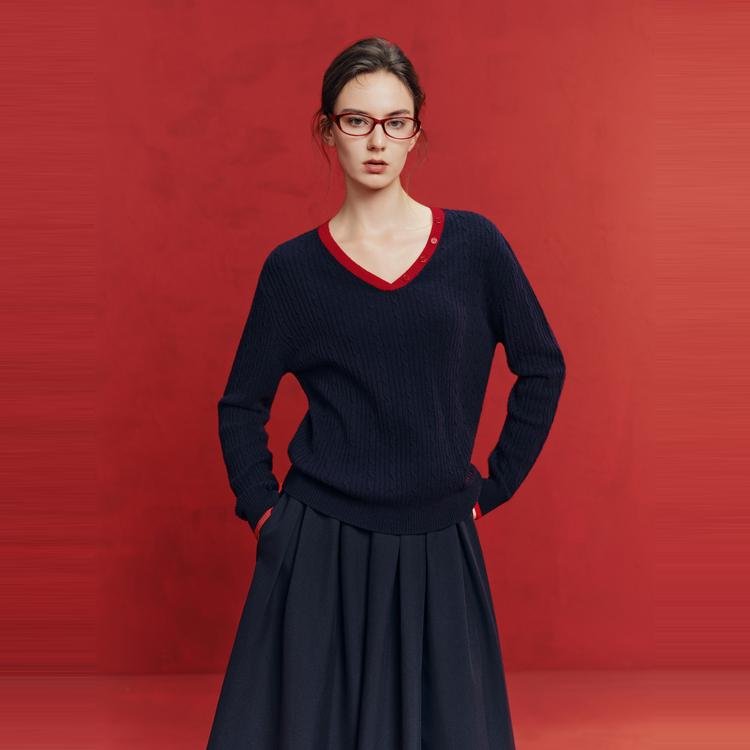 ELLE French Lazy Style Color Block Fashion Design Pullover V-Neck Lambswool Casual Loose Versatile Long Sleeve Knit Sweater Women sweater EM63348