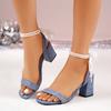 Fashion Summer Chunky Sandals Women's Fashion Square Head Fabric Butterfly Knot Beaded Metal Buckle Non-slip Wear-resistant High Heels