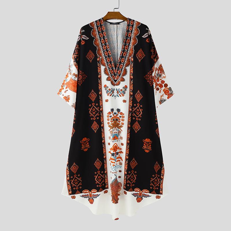 

INCERUN Men Deep V Neck Short Sleeve Floral Print Casual Loose Long Dress Robes M чёрный
